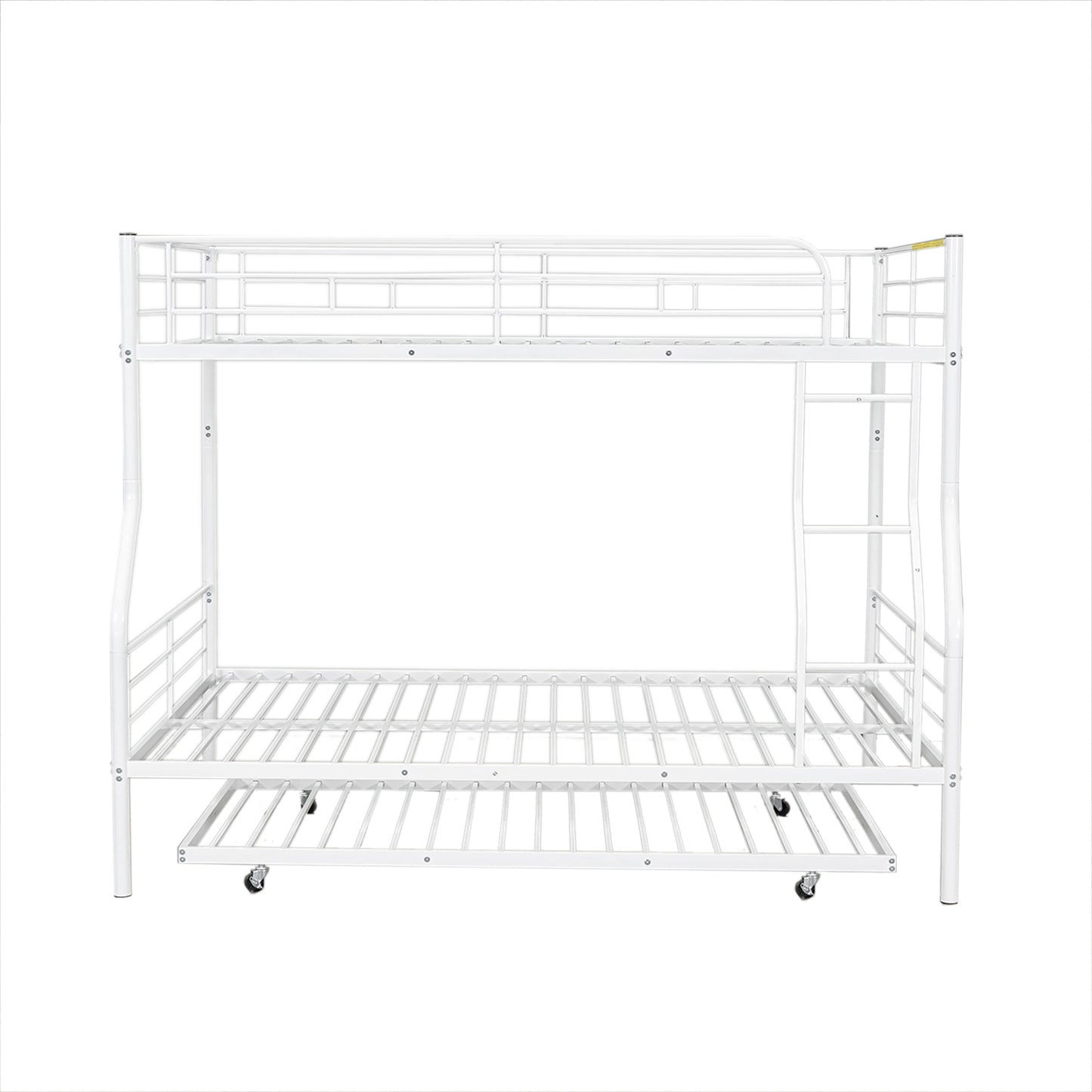 White metal triple bunk bed with twin over twin over twin mattress support