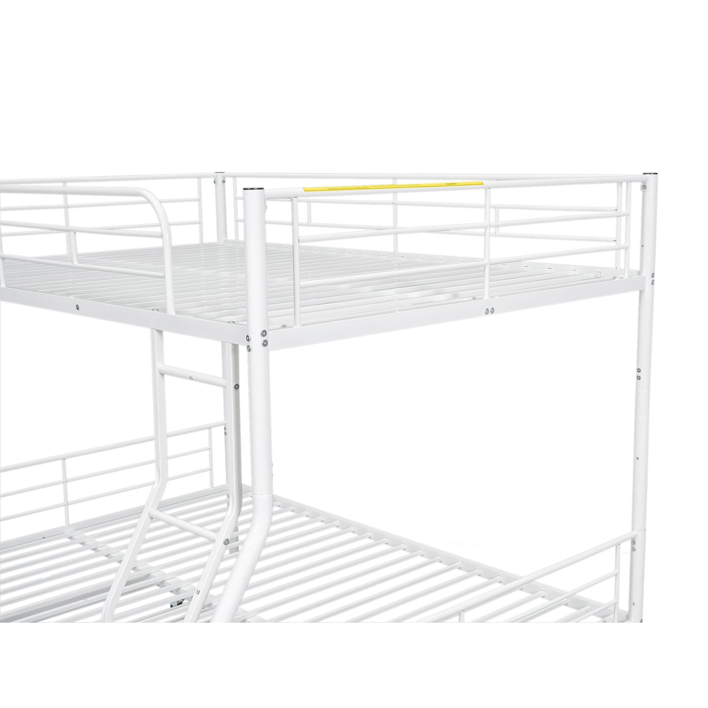 White metal twin bunk bed with ladder