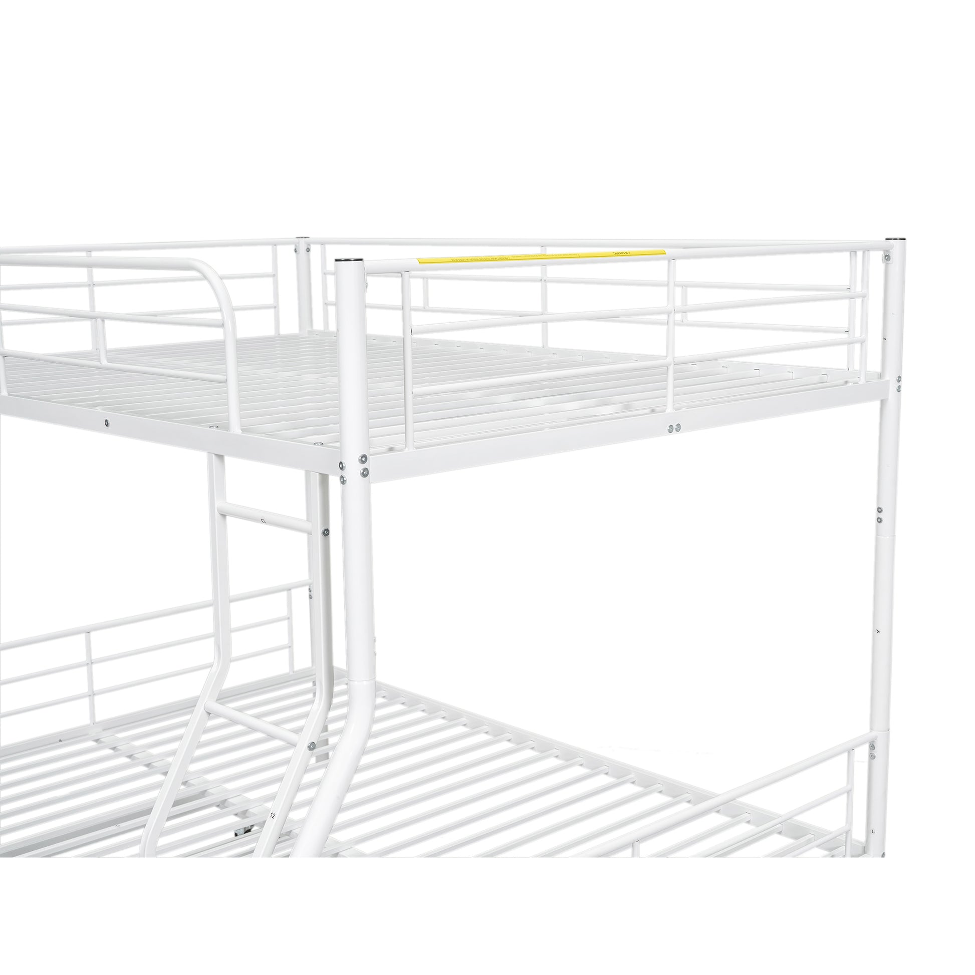 White metal twin bunk bed with ladder