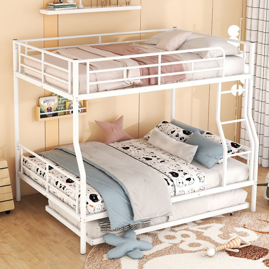 White metal triple bunk bed with pullout trundle