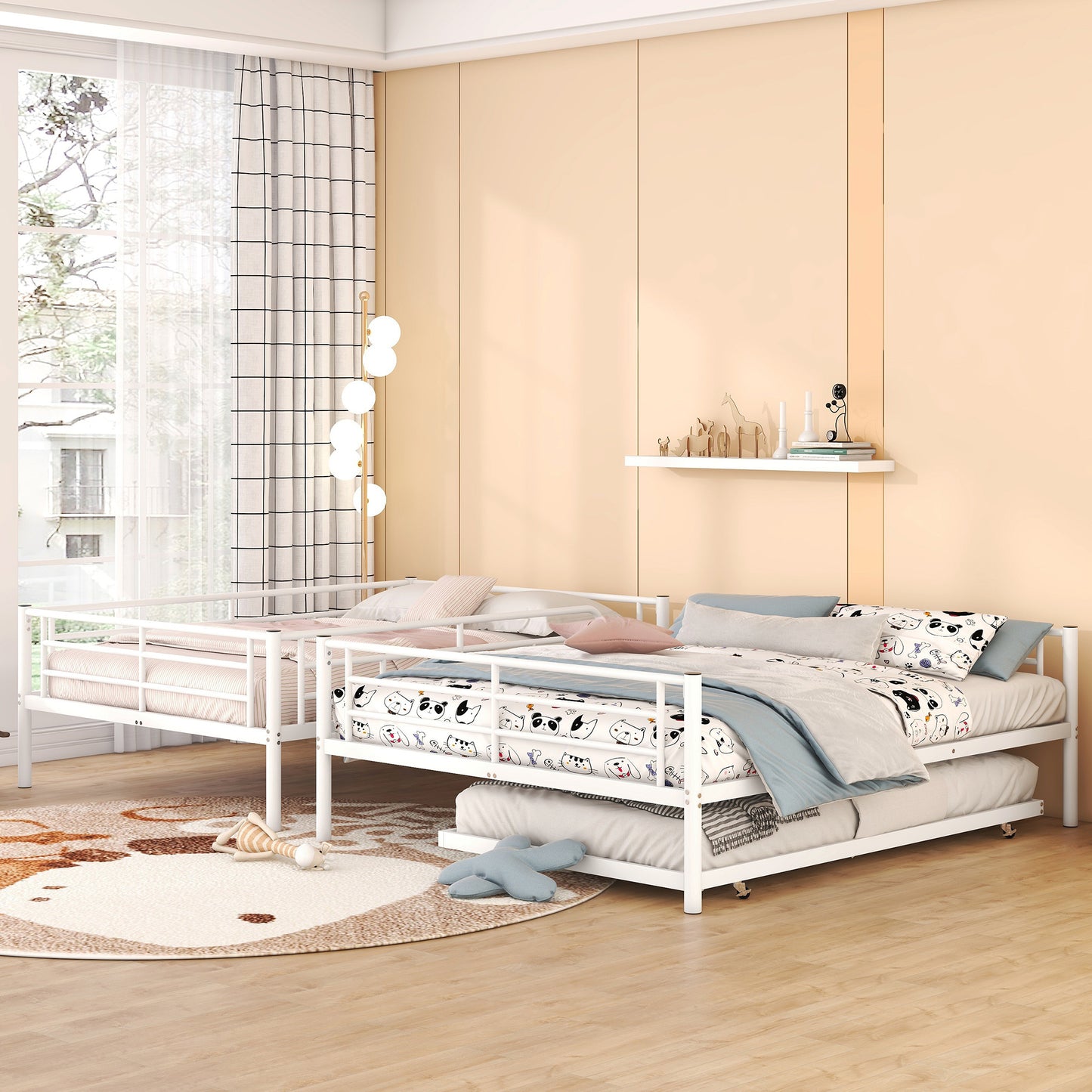 White metal twin over twin bunk bed with trundle perfect for kids rooms
