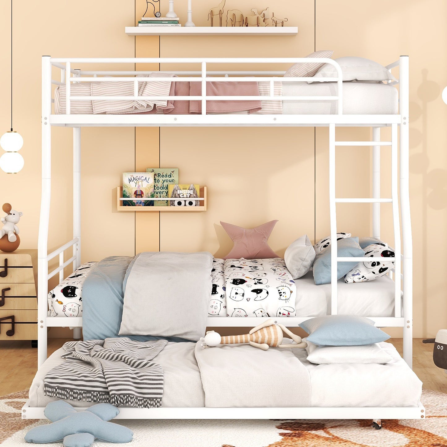 White metal twin over twin bunk bed with ladder