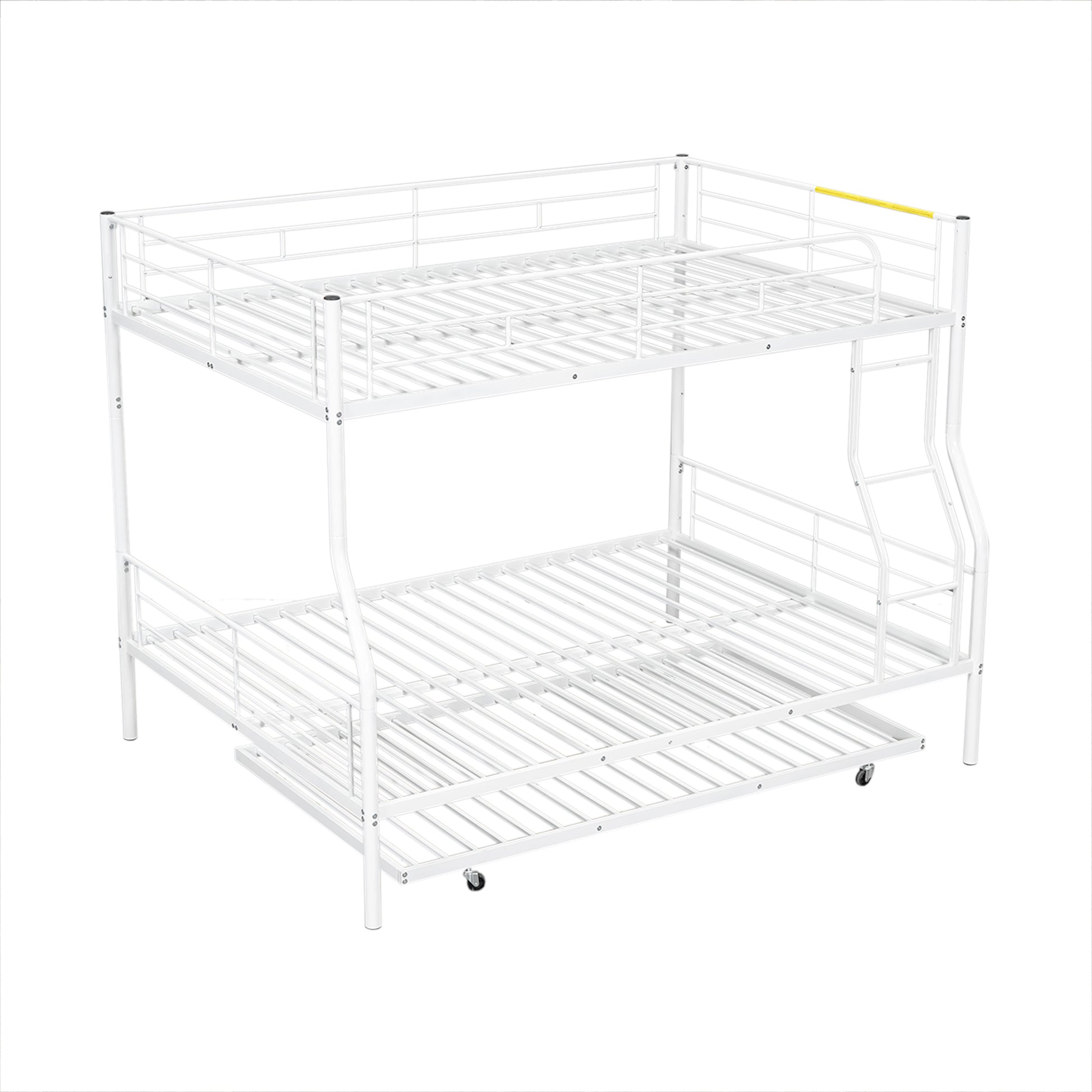 White metal triple bunk bed with pullout trundle