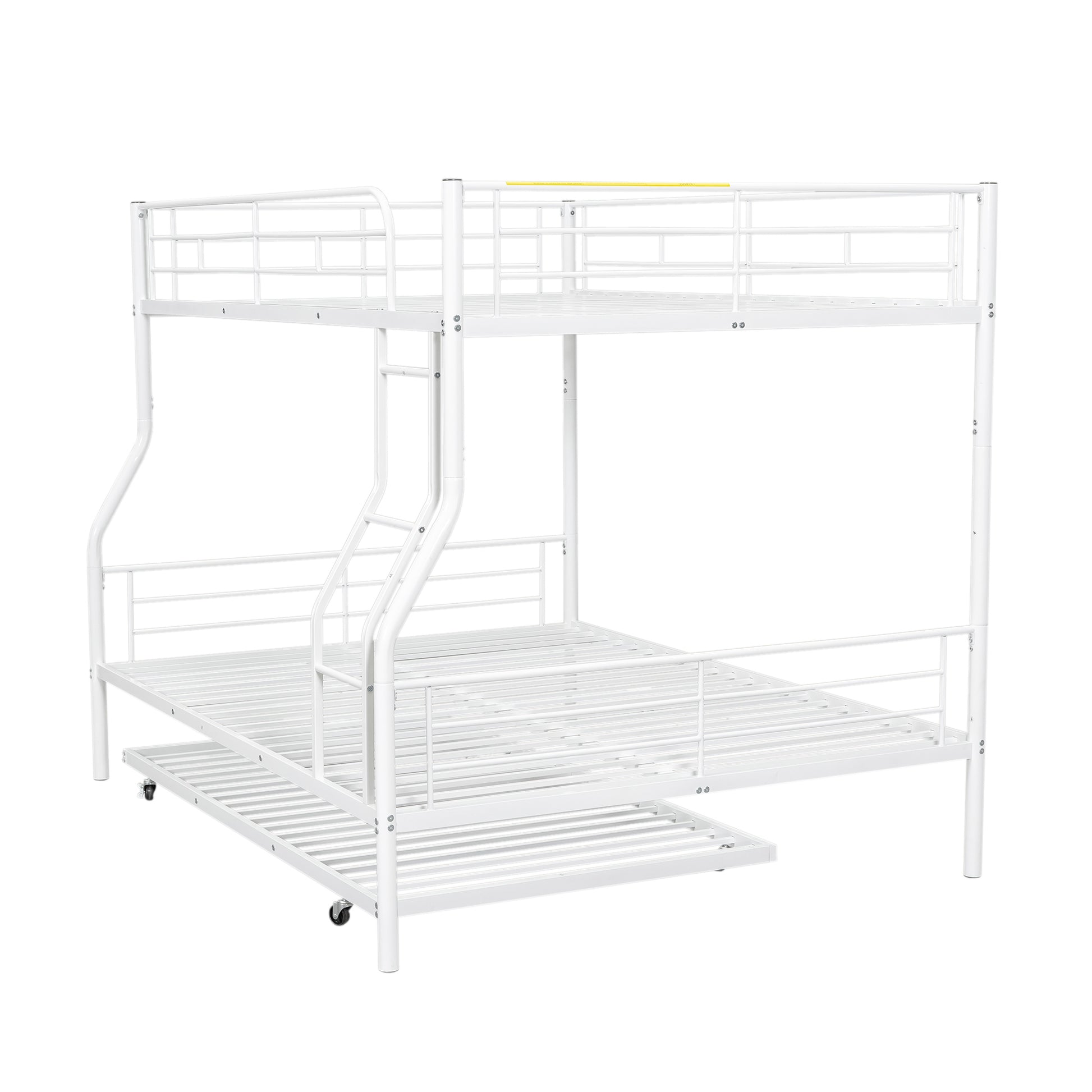White metal triple bunk bed with rolling trundle
