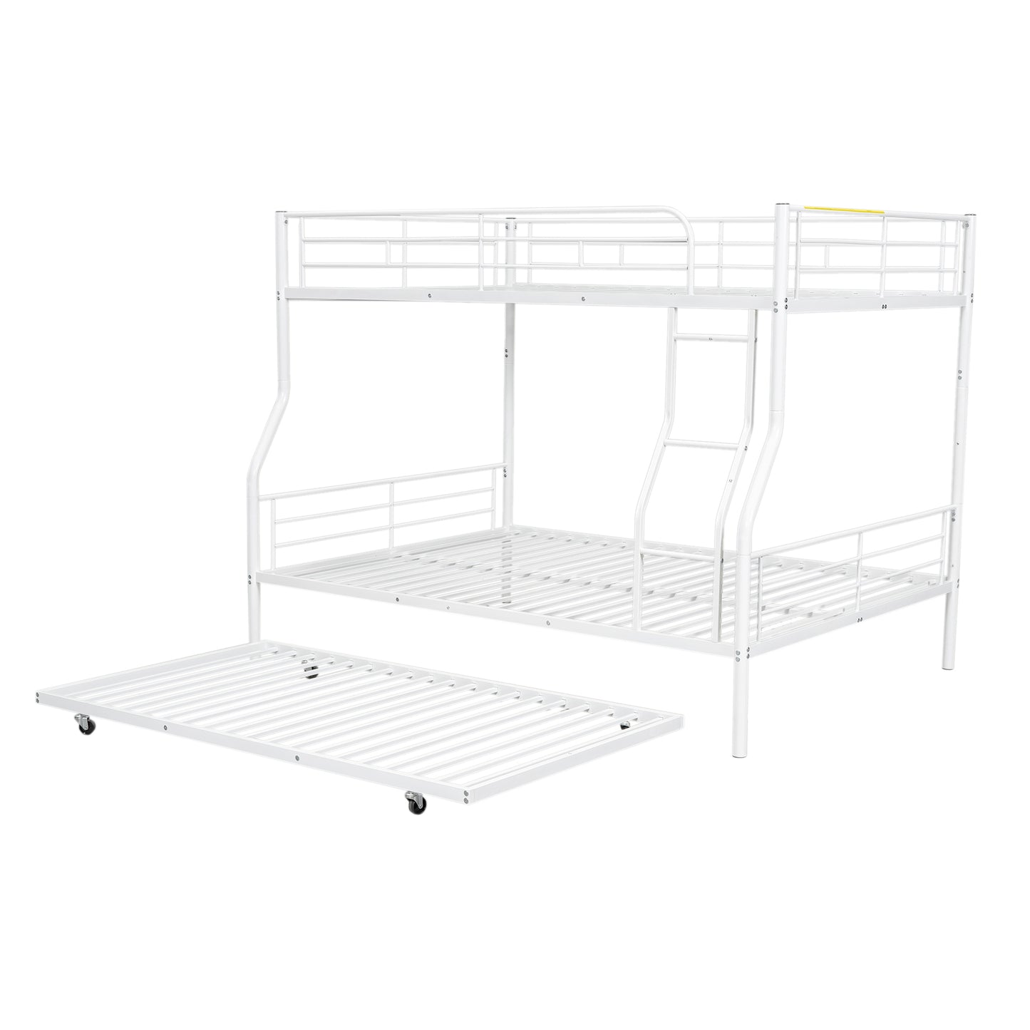 White metal triple bunk bed with pullout trundle