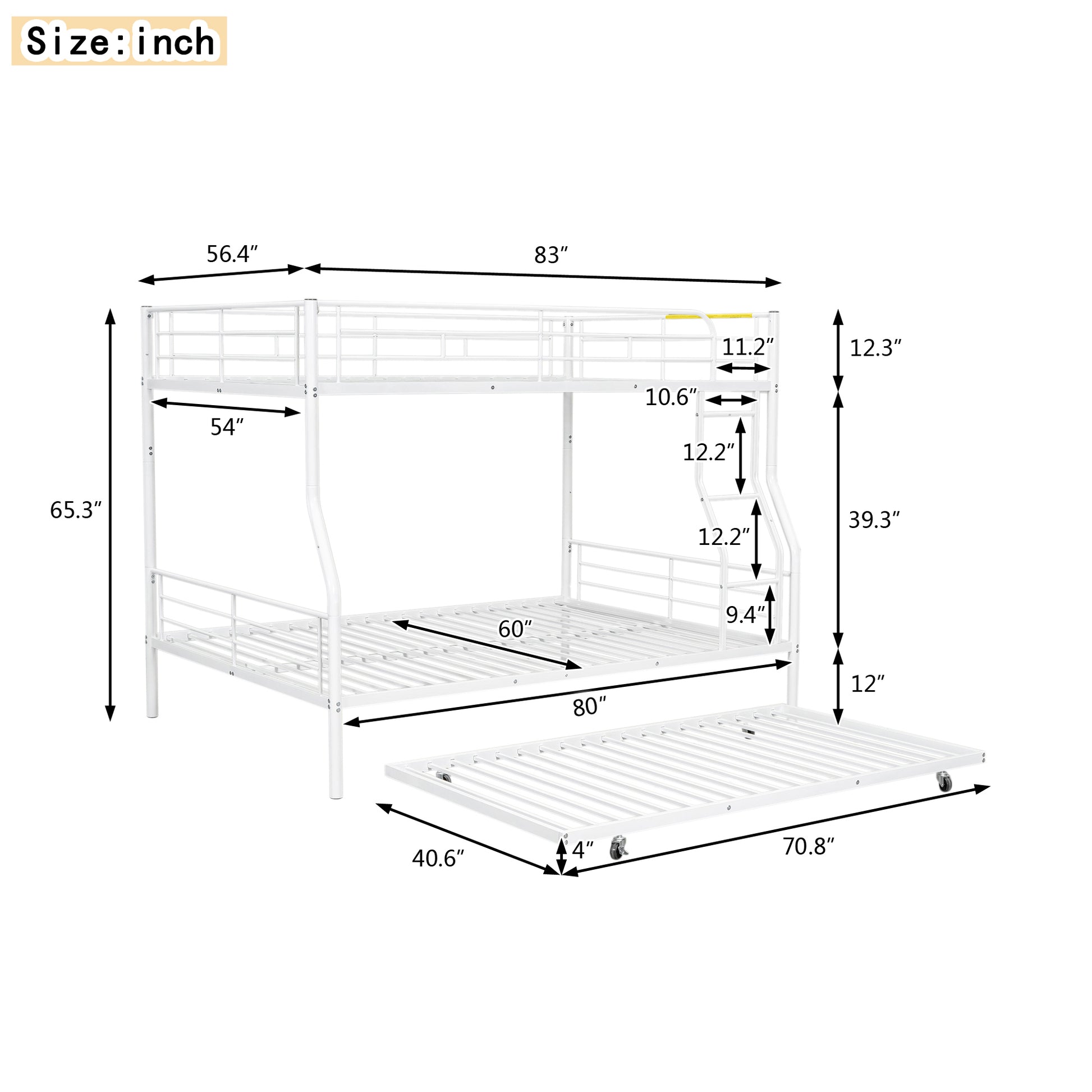 White metal triple bunk bed with dimensions shown
