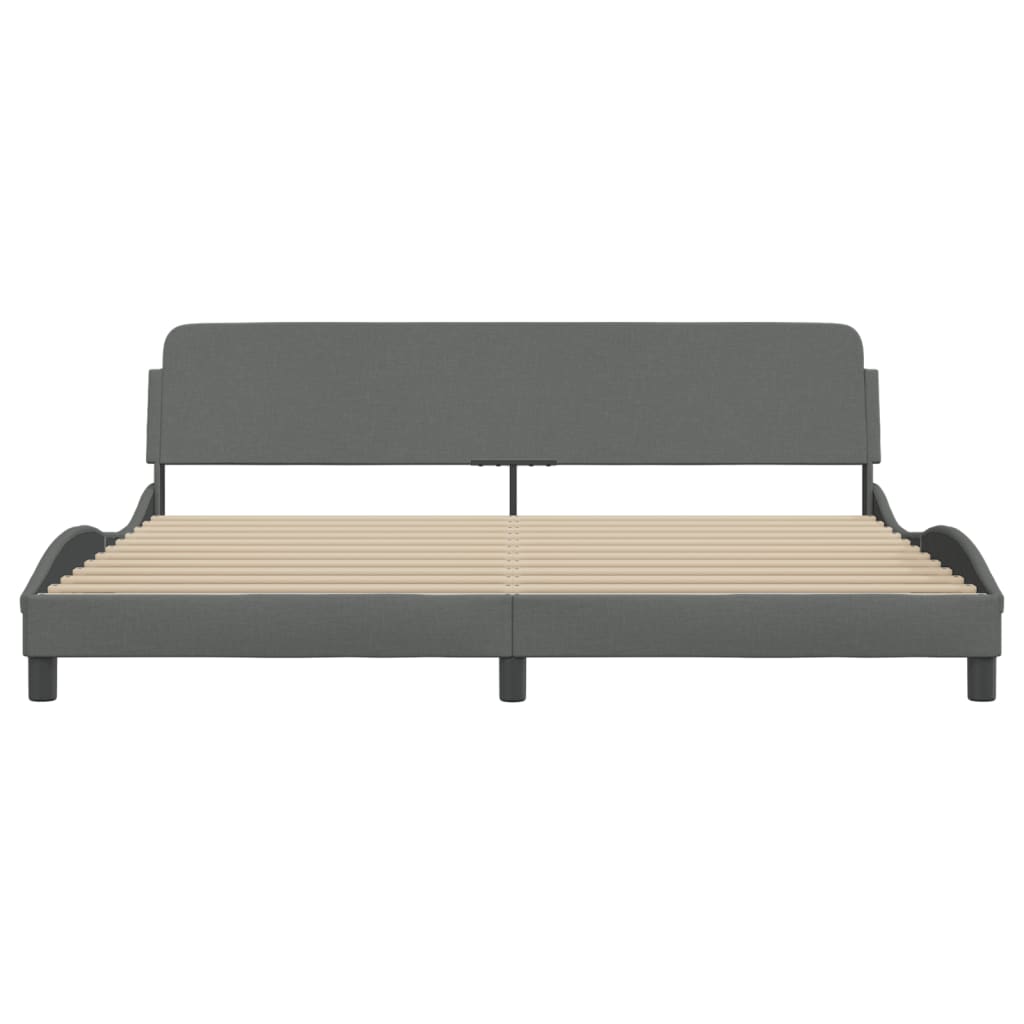 Modern grey upholstered platform bed frame with wooden slats