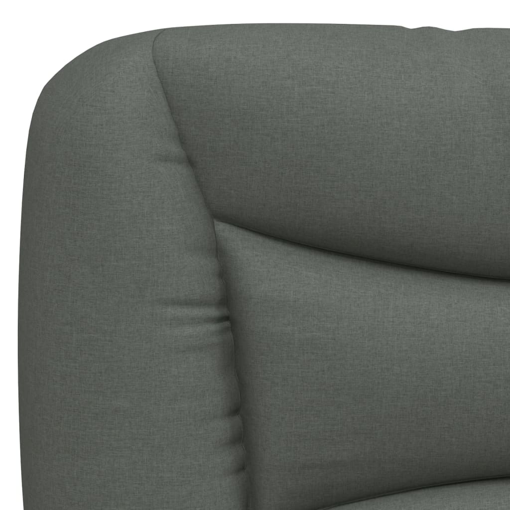 Dark gray fabric bed headboard with attached storage pocket and hanging loops