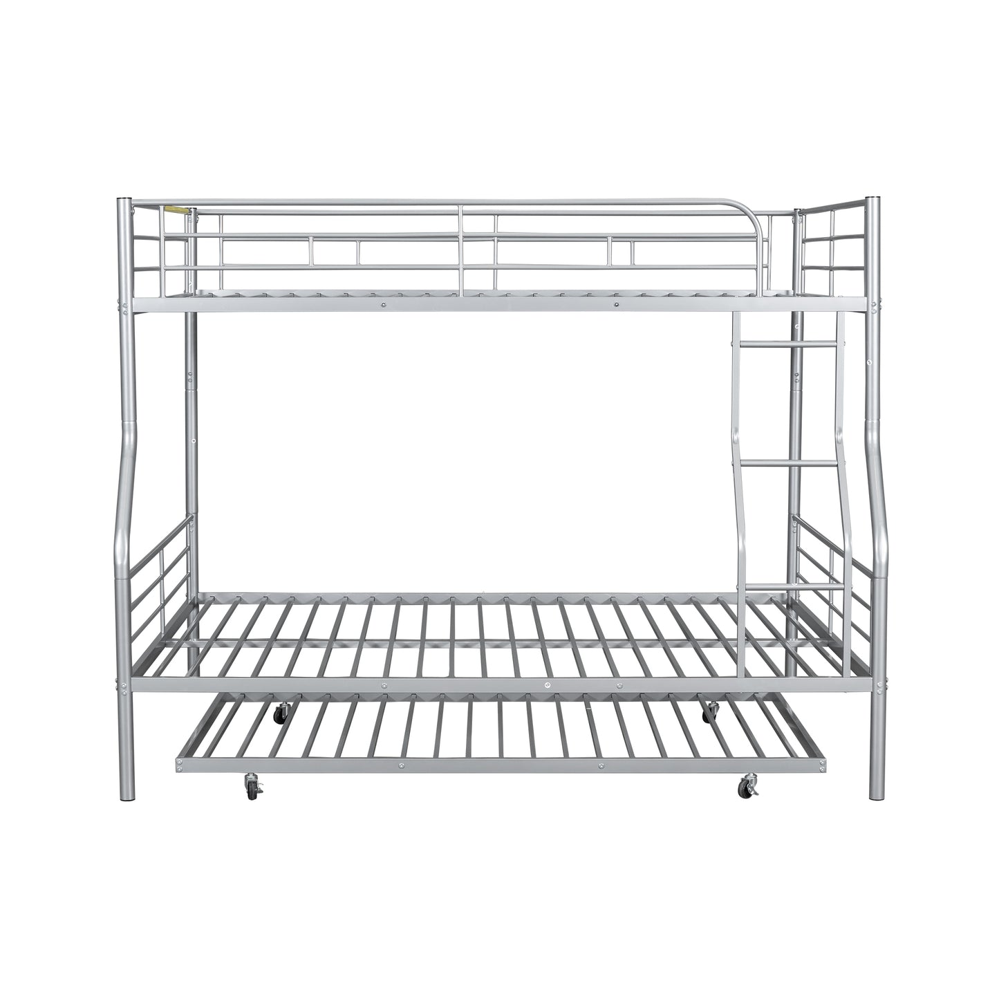 Silver metal triple bunk bed with integrated ladder and pullout trundle for childrens bedrooms