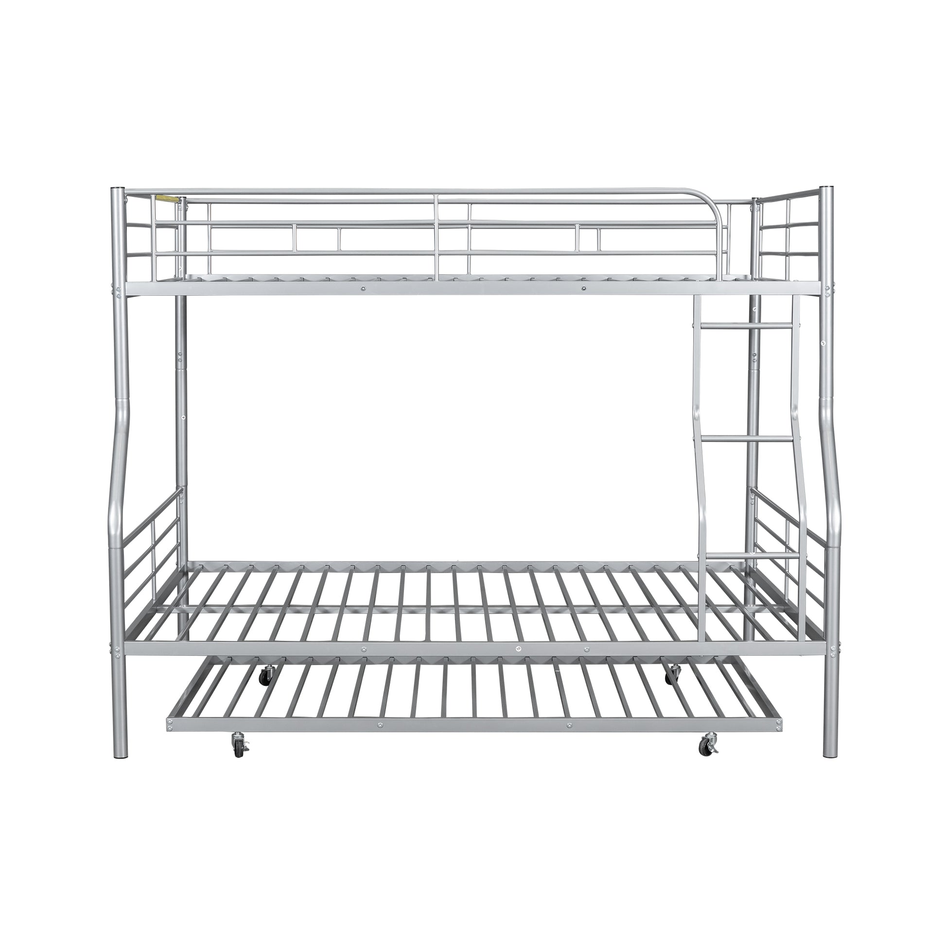Silver metal triple bunk bed with integrated ladder and pullout trundle for childrens bedrooms