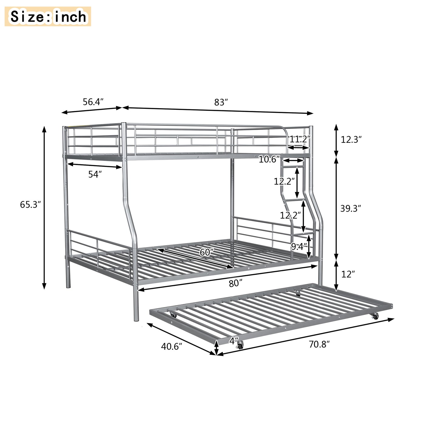 Silver metal triple bunk bed with dimensions shown