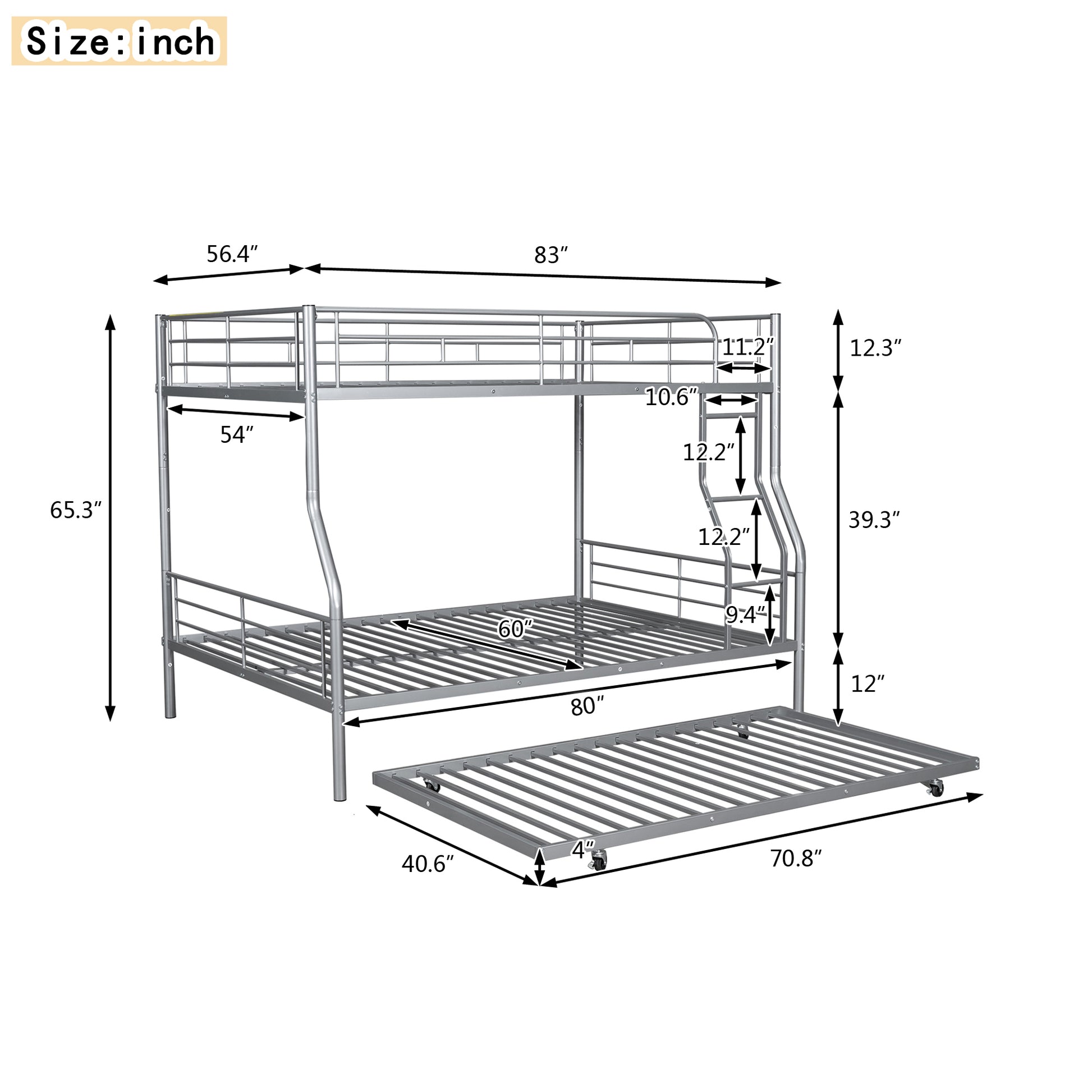 Silver metal triple bunk bed with dimensions shown