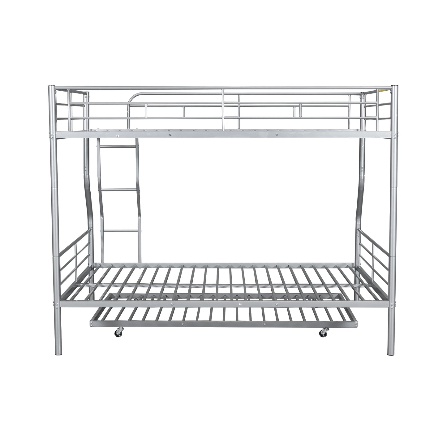 Silver metal twin over twin bunk bed with pullout trundle