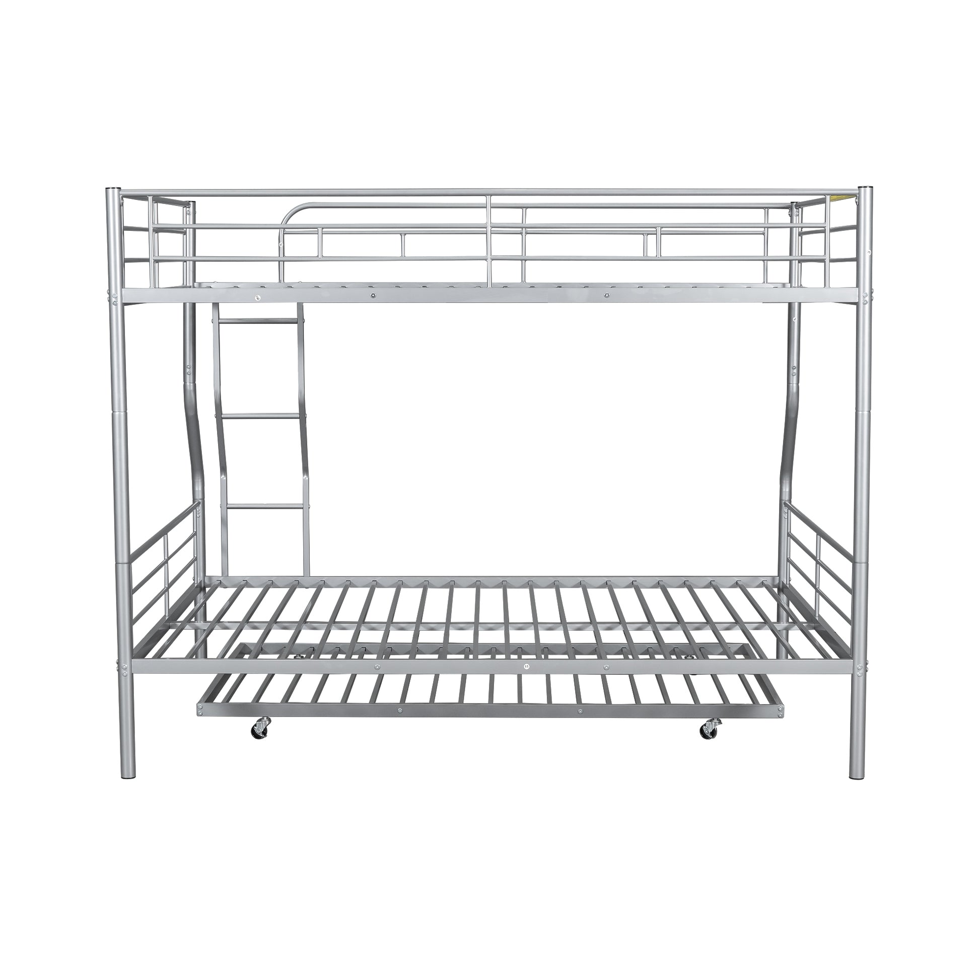 Silver metal twin over twin bunk bed with pullout trundle