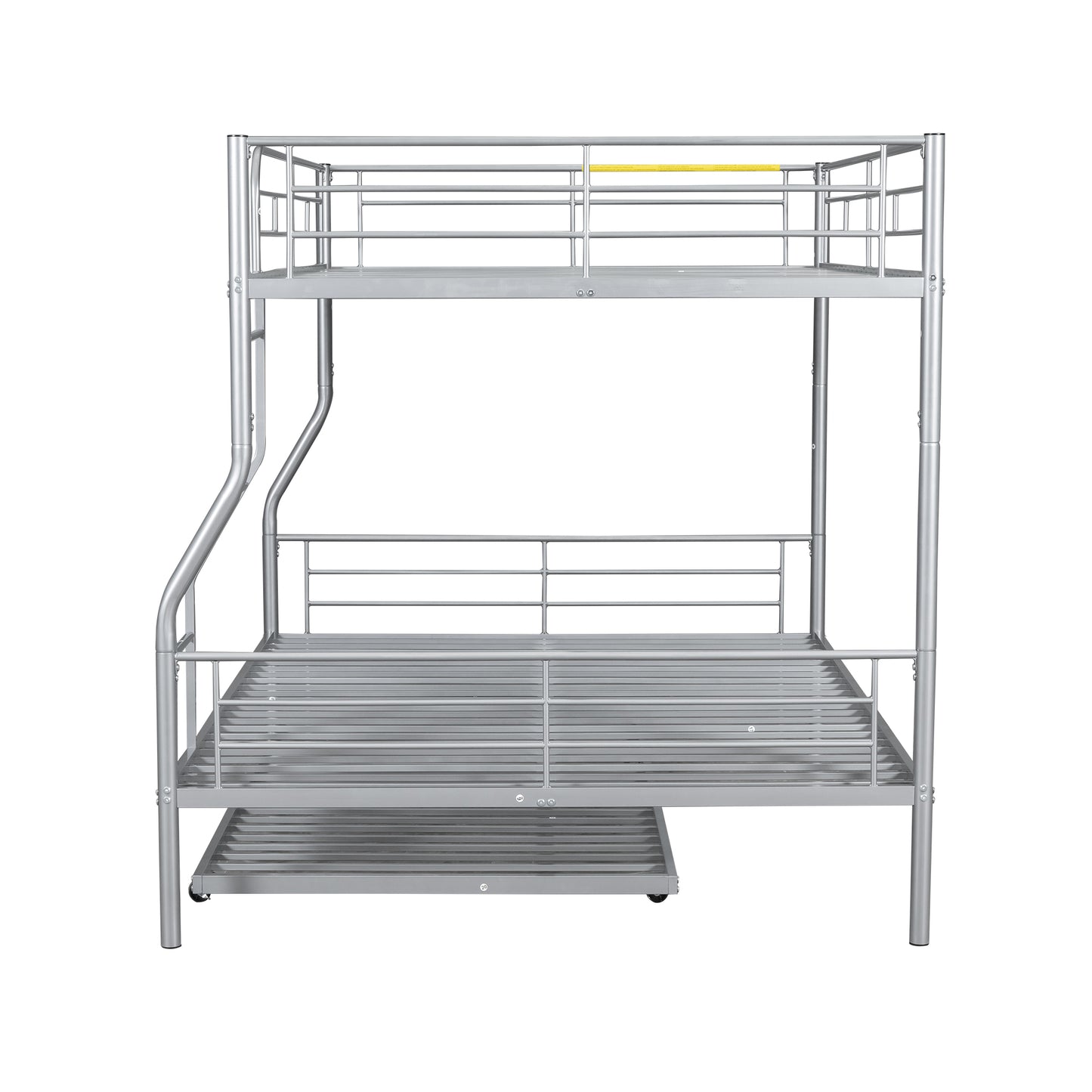 Silver metal triple bunk bed with a pullout trundle