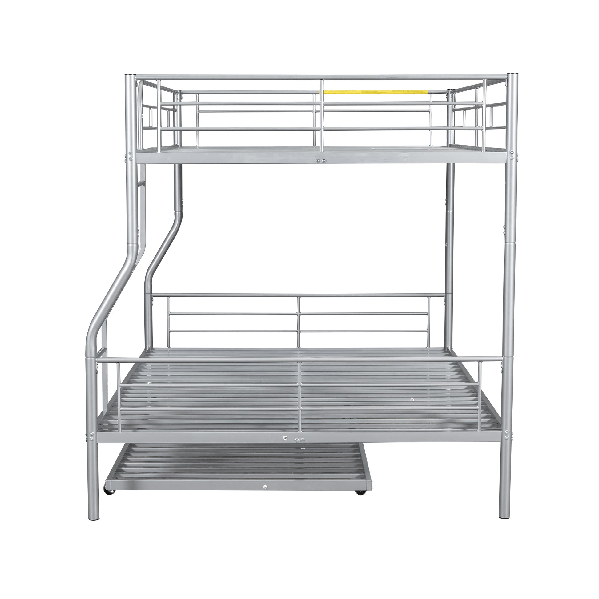 Silver metal triple bunk bed with a pullout trundle