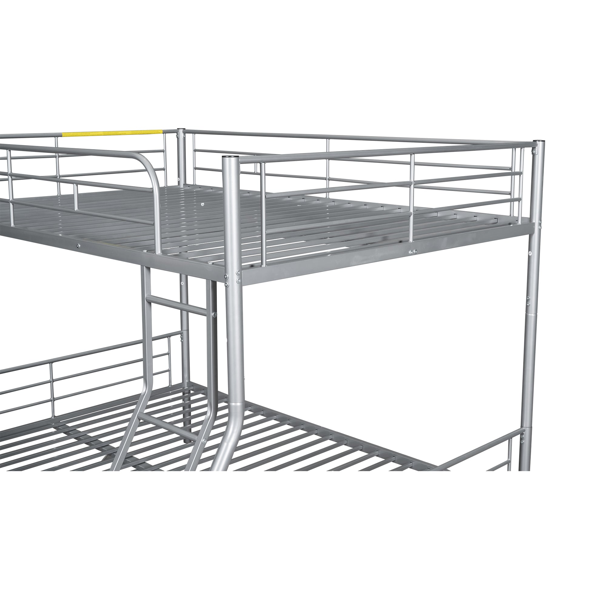 Silver metal bunk bed frame with safety rails for children