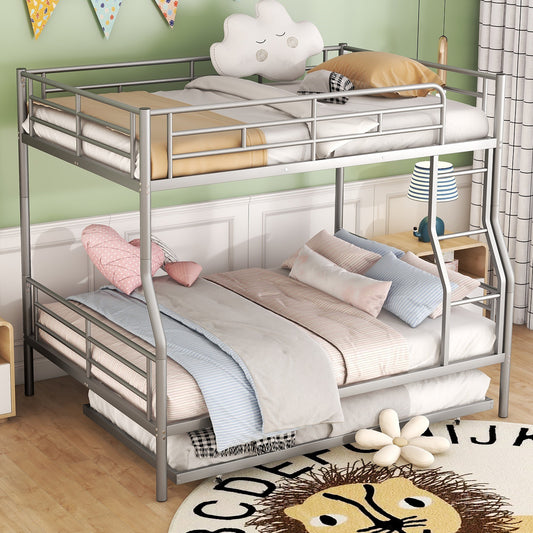 Silver metal bunk bed with white and pink bedding