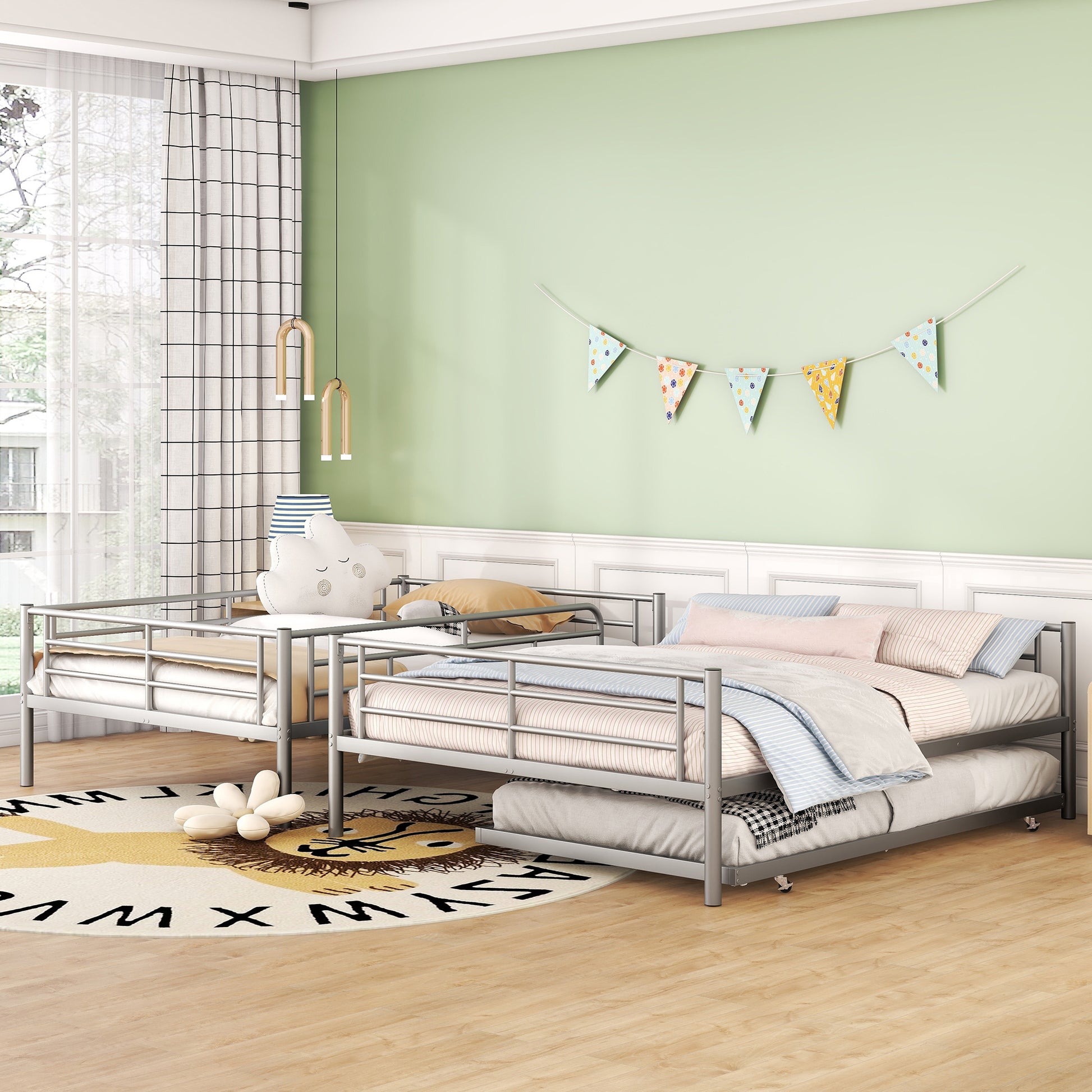 Silver metal triple bunk bed with pullout trundle