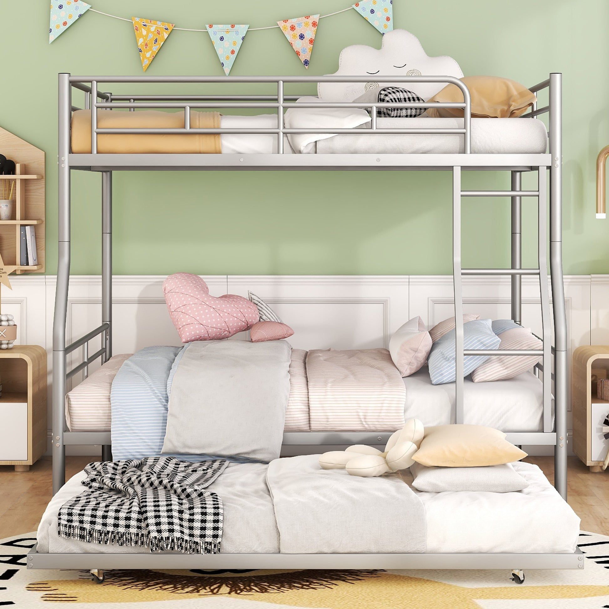 Silver metal triple bunk bed with colorful bedding and cloud pillows