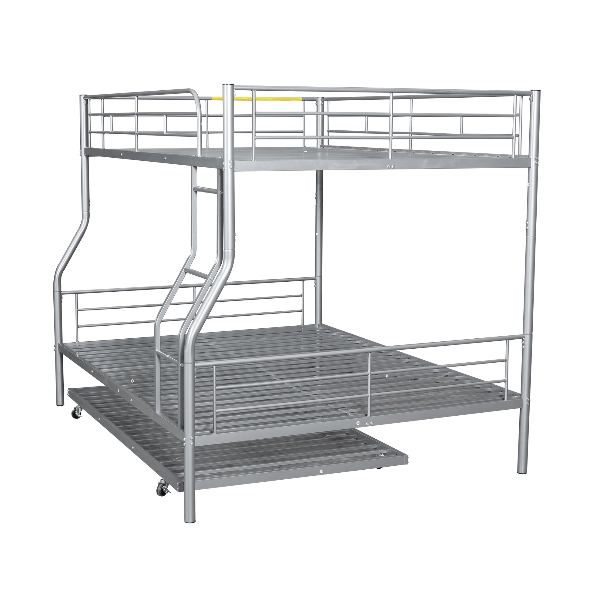 Silver metal triple bunk bed with guardrails and casters