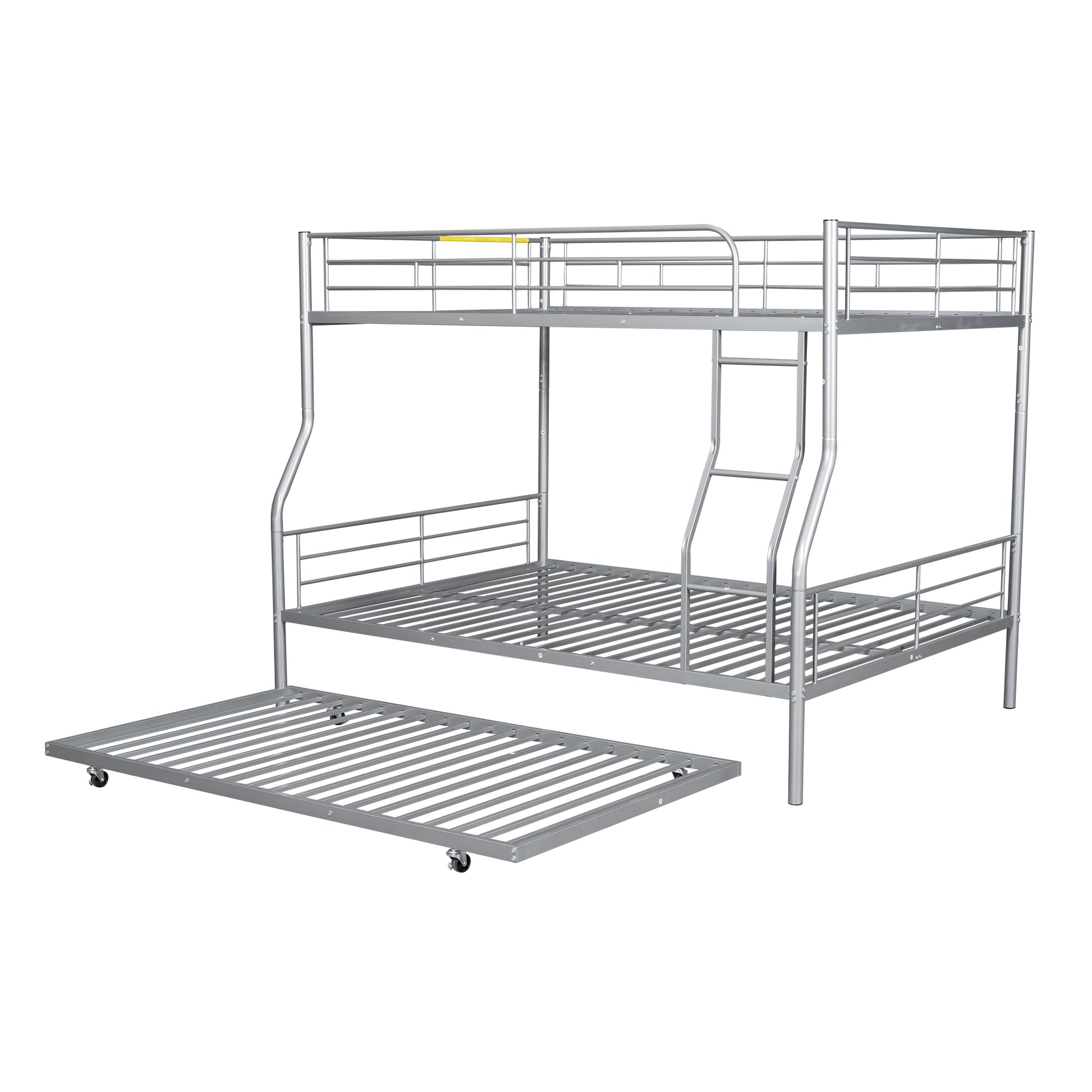 Silver metal triple bunk bed with pullout trundle