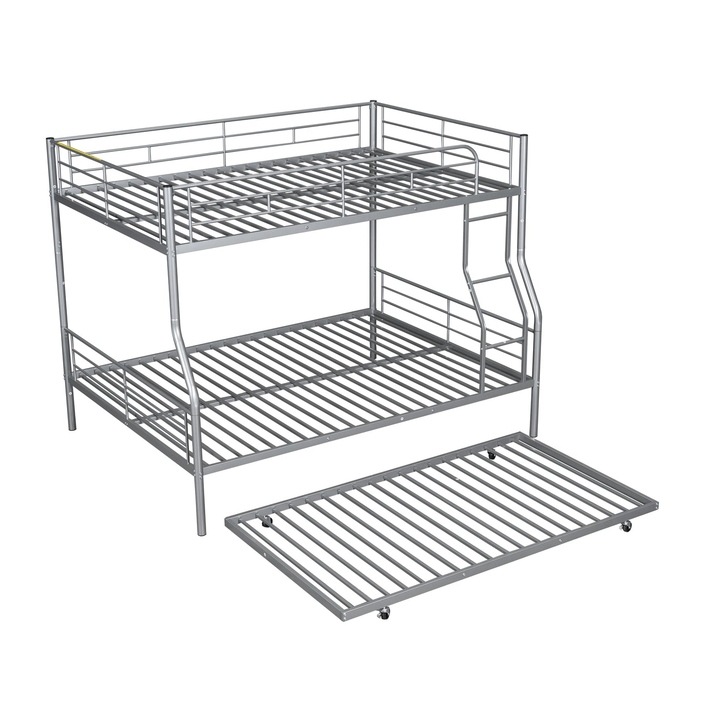 Silver metal triple bunk bed with pullout trundle