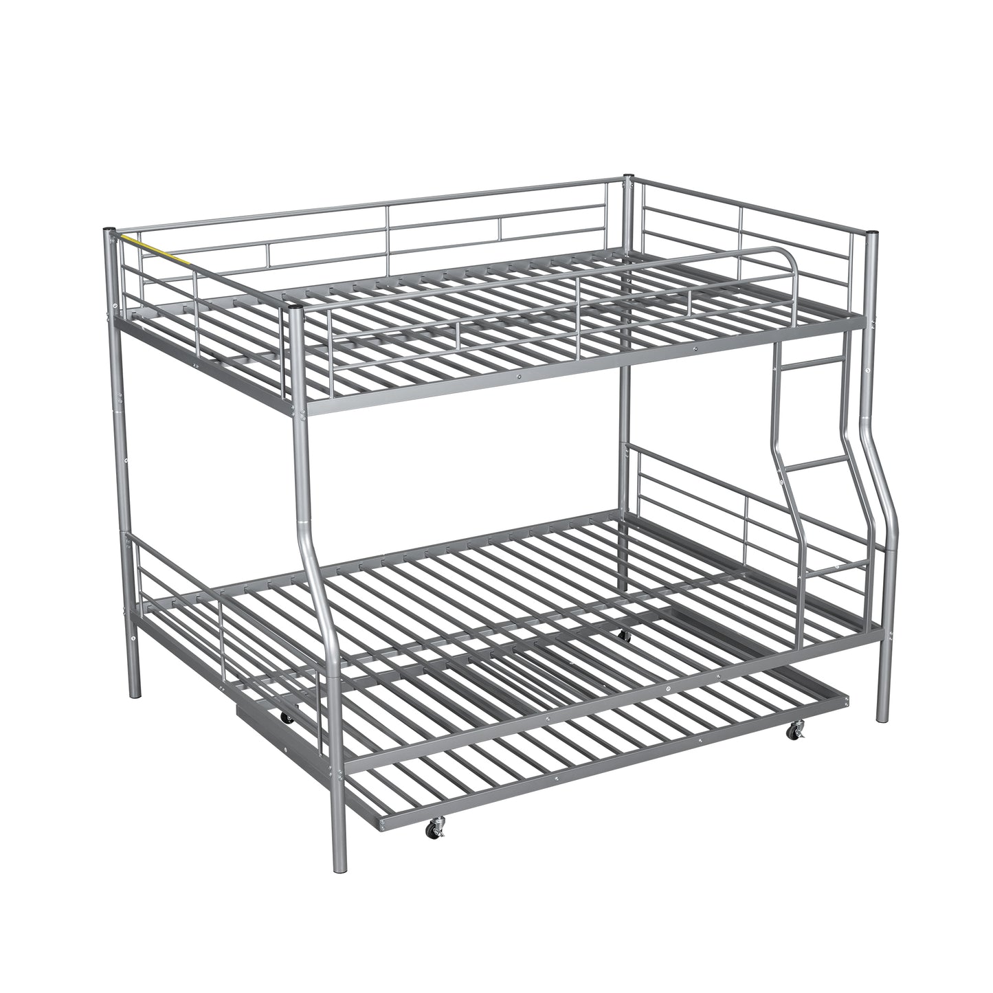 Silver metal triple bunk bed with integrated ladder and pullout trundle