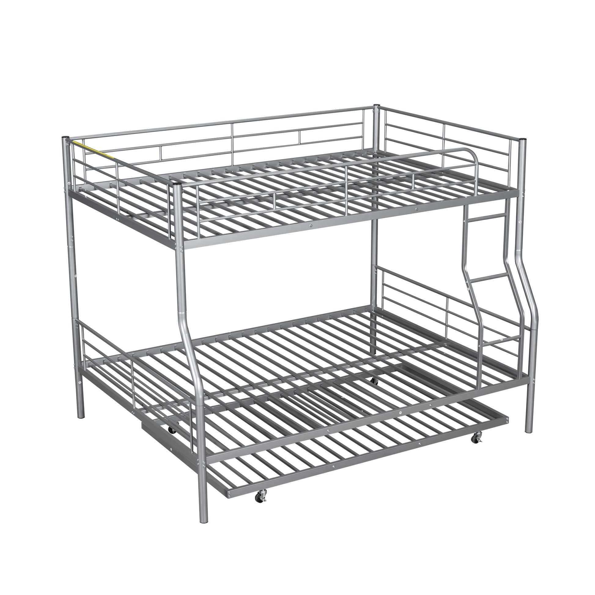 Silver metal triple bunk bed with integrated ladder and pullout trundle