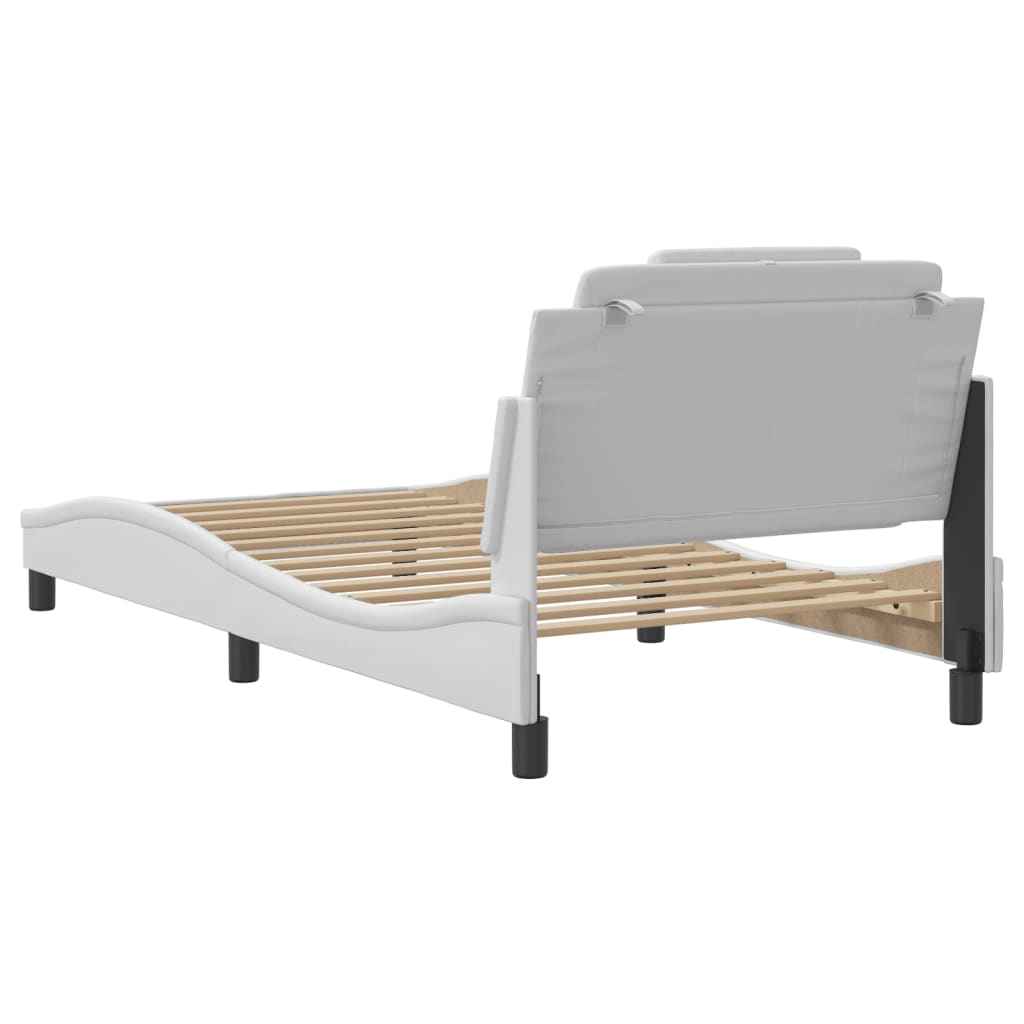 White upholstered adjustable bed frame with wooden slats