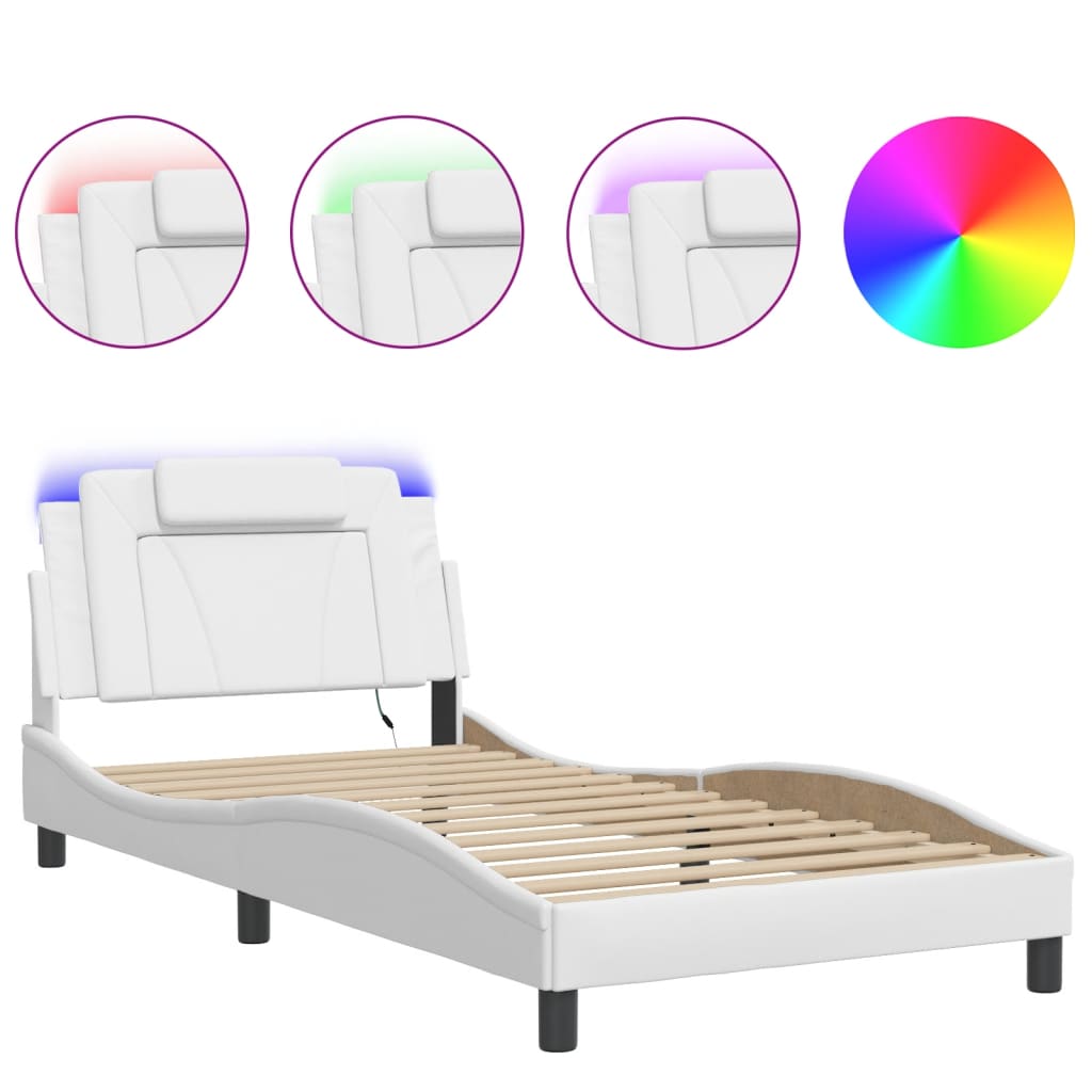 Closeup of a white textured fabric bed frame with black cylindrical legs