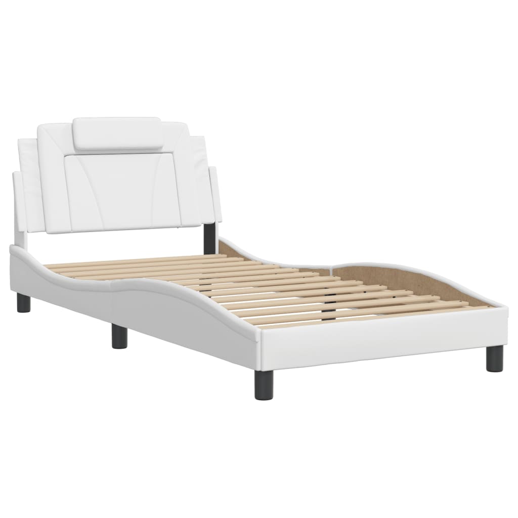 White upholstered twin bed frame with multicolor LED headboard lights