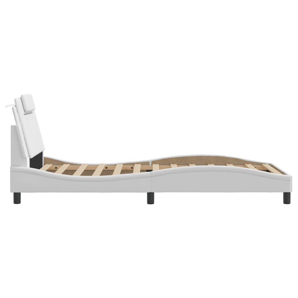 Modern white upholstered bed frame with slatted base