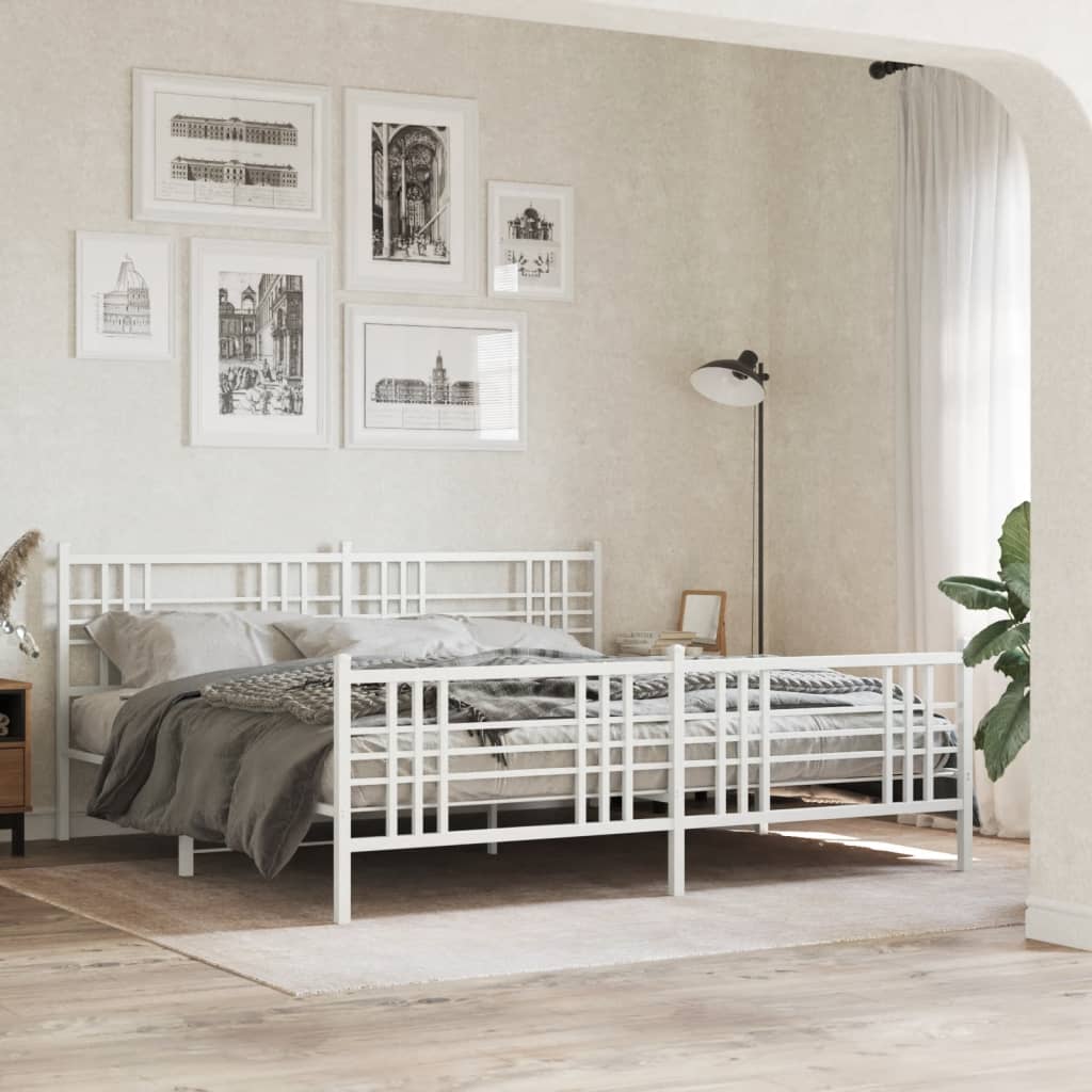 White metal frame bed with a geometric headboard and footboard