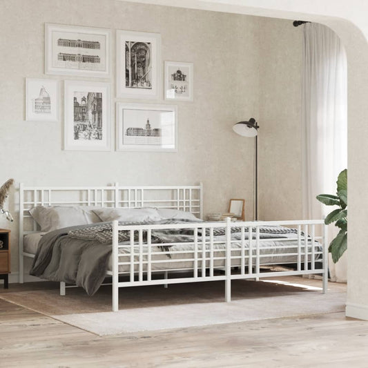 White metal frame bed with a geometric headboard and footboard