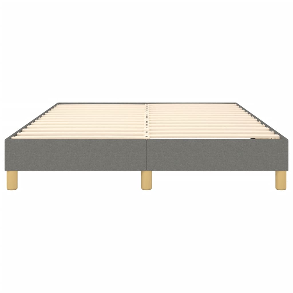 Modern grey upholstered platform bed frame with wooden slats