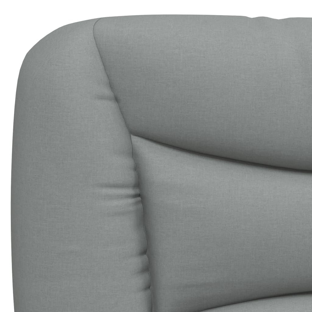Grey upholstered bench with attached backrest and storage pocket