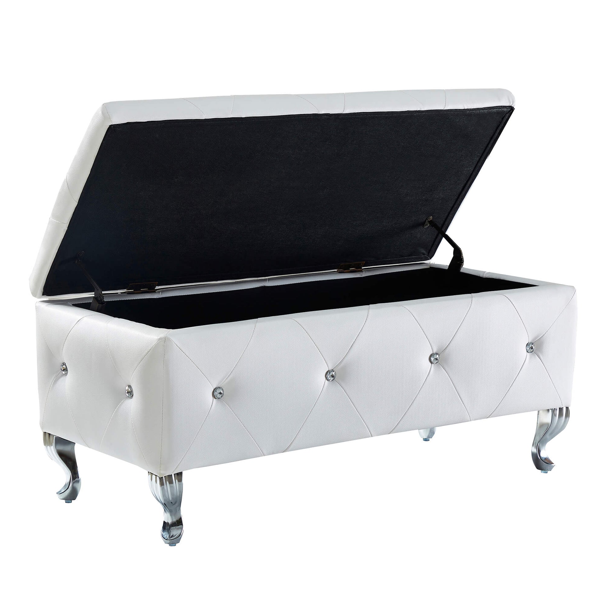 White tufted storage ottoman with crystal buttons and silver legs