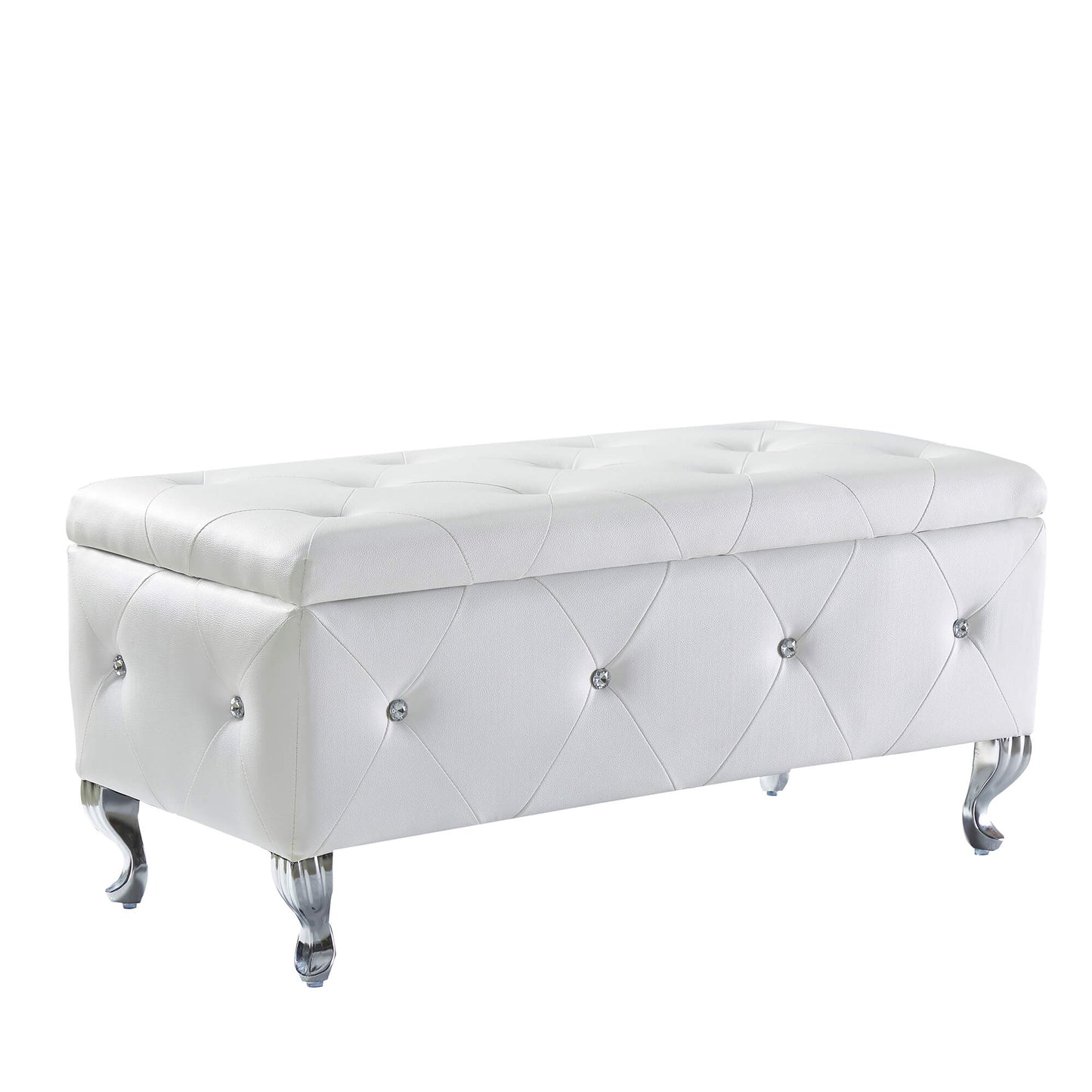White tufted storage ottoman with crystal accents and ornate legs