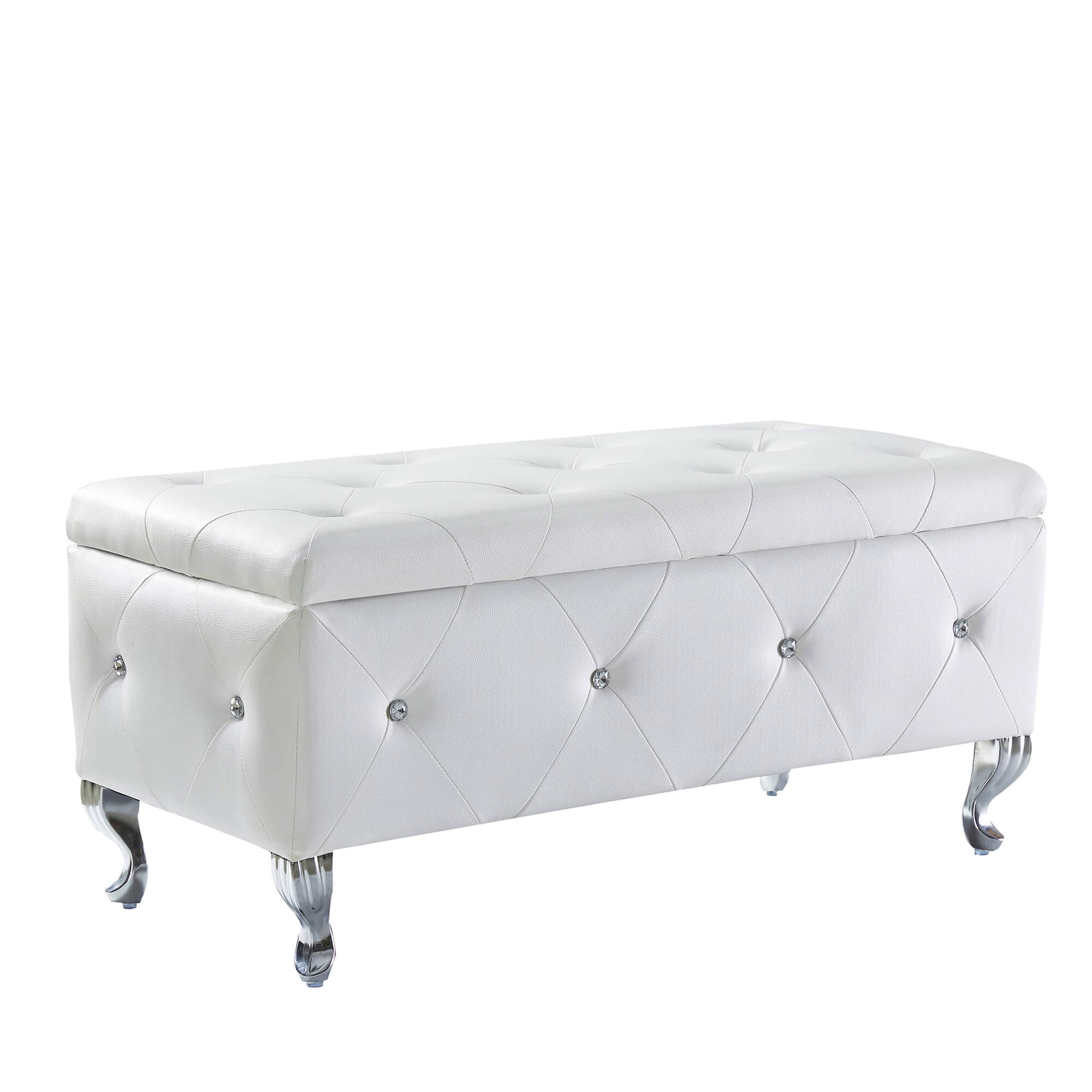 White tufted storage ottoman with crystal accents and ornate legs