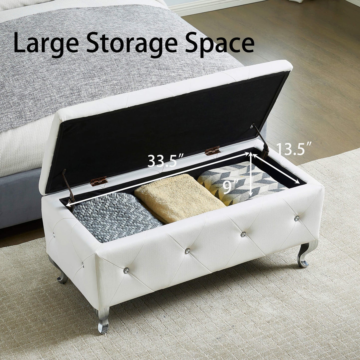 White tufted storage bench with diamond button accents