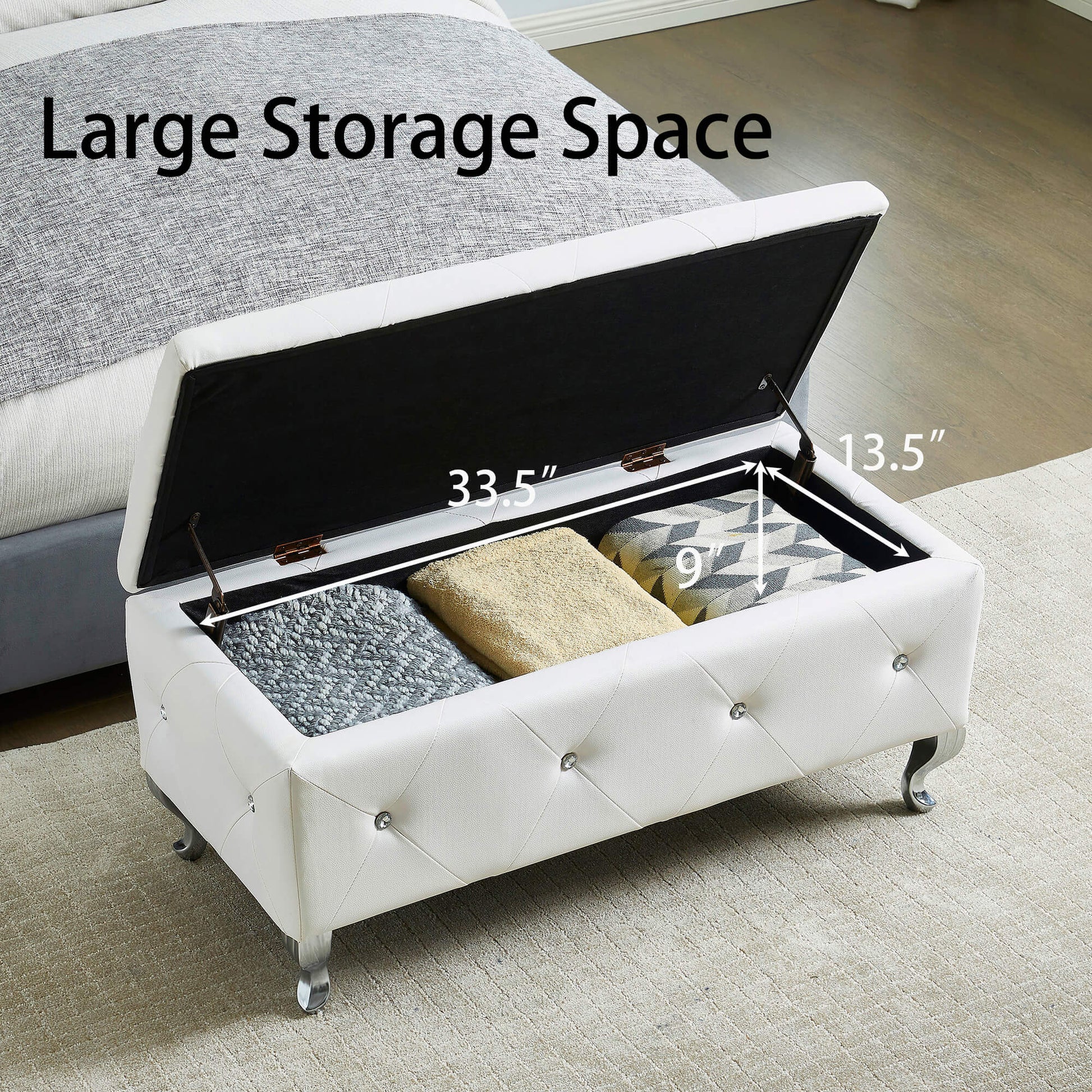 White tufted storage bench with diamond button accents