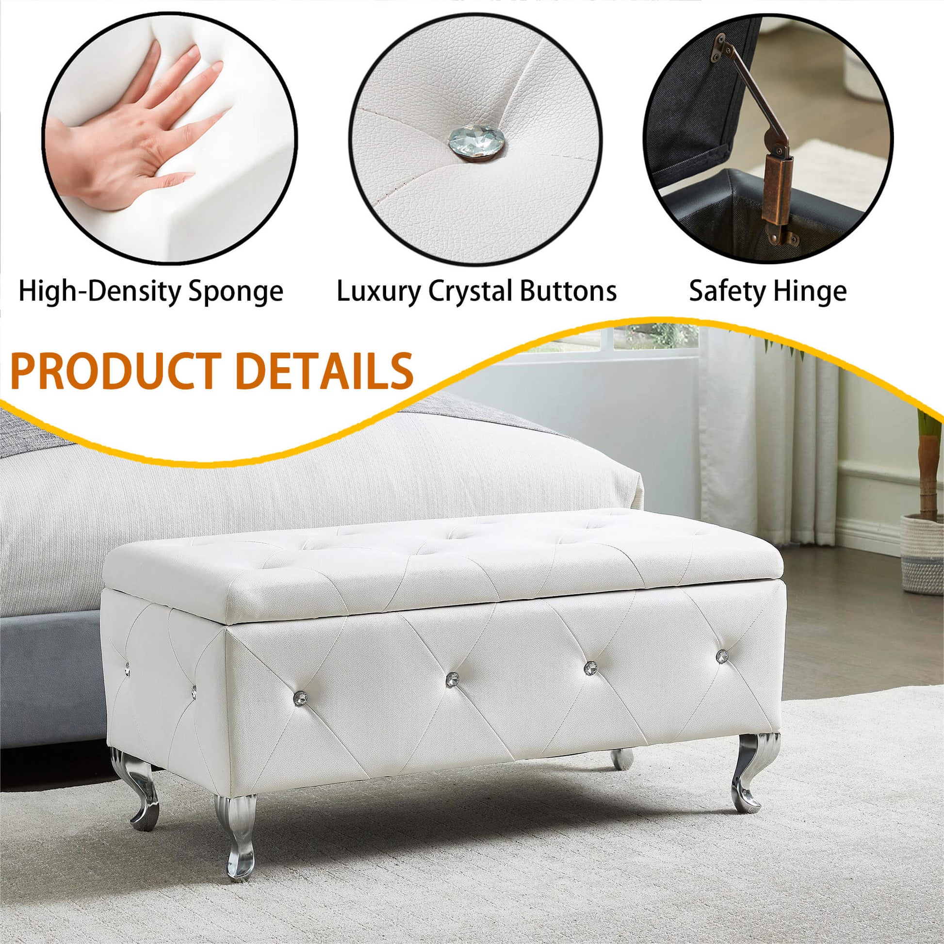White faux leather storage ottoman with diamond tufting and crystal buttons