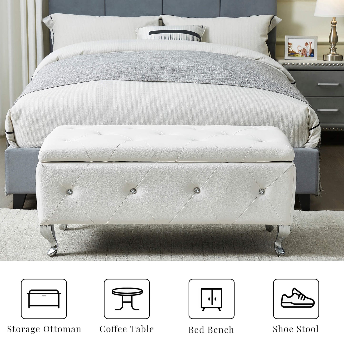 White tufted storage ottoman with crystal accents and chrome legs