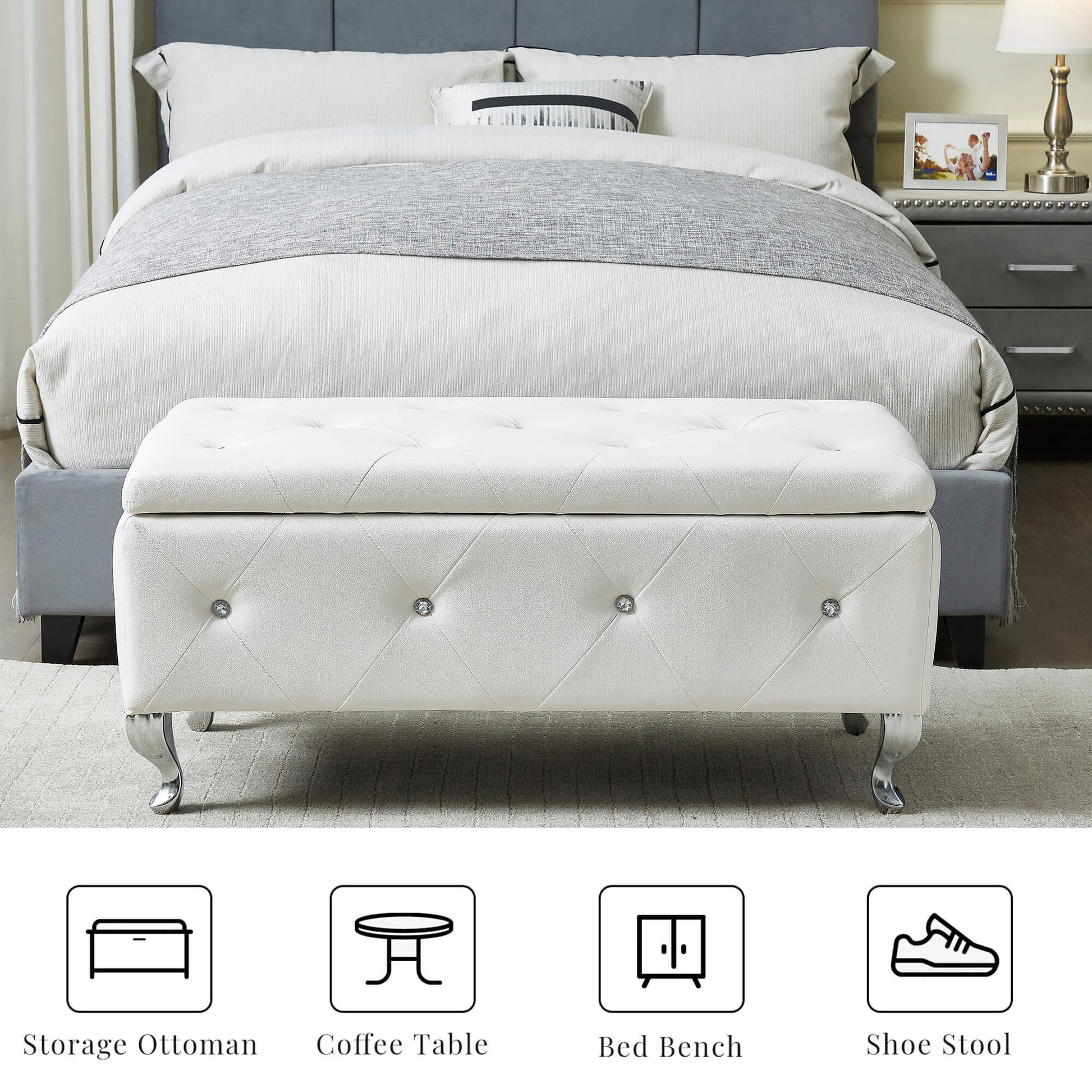 White tufted storage ottoman with crystal accents and chrome legs