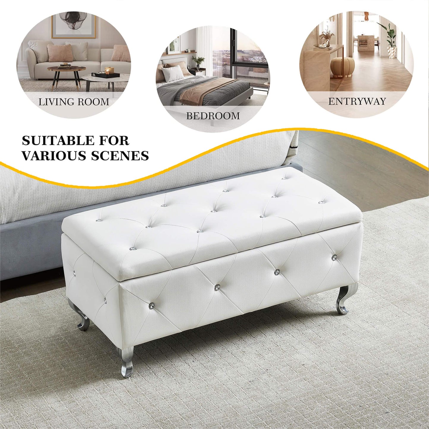 White tufted storage ottoman with crystal buttons and silver legs