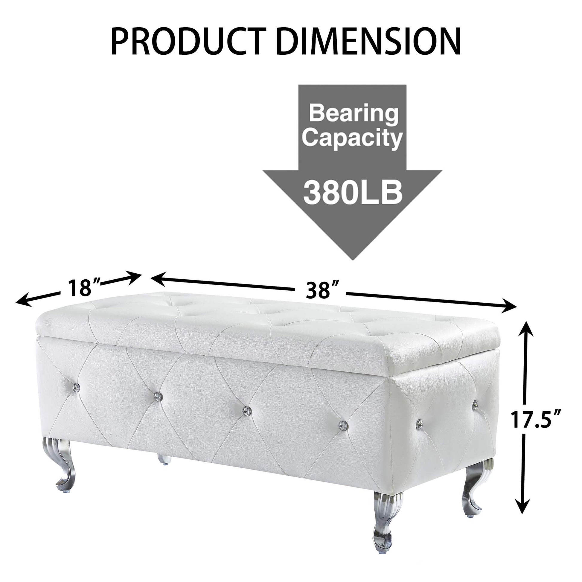 White tufted storage ottoman with diamondlike accents and chrome legs Dimensions  L x  W x  H