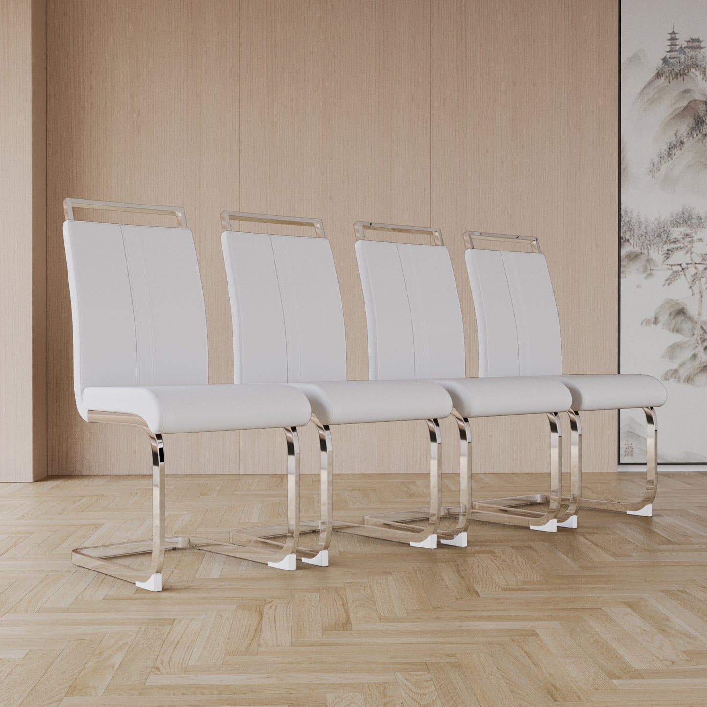 TREATLIFE HOME Set of 4 Modern Dining Chairs with PU Faux Leather Upholstery and C-Shaped Metal Legs, White