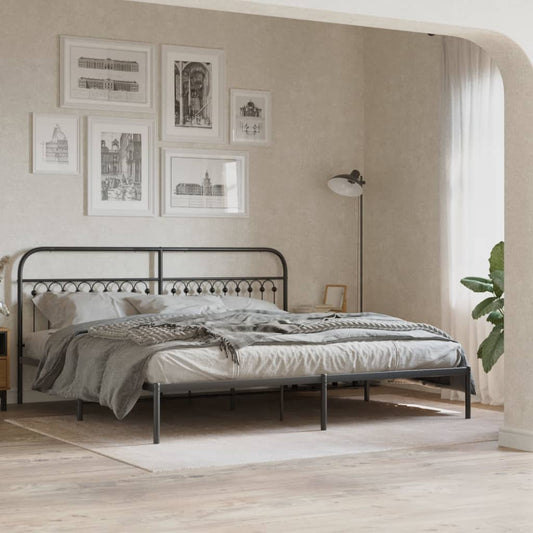 Black metal full bed frame with decorative headboard