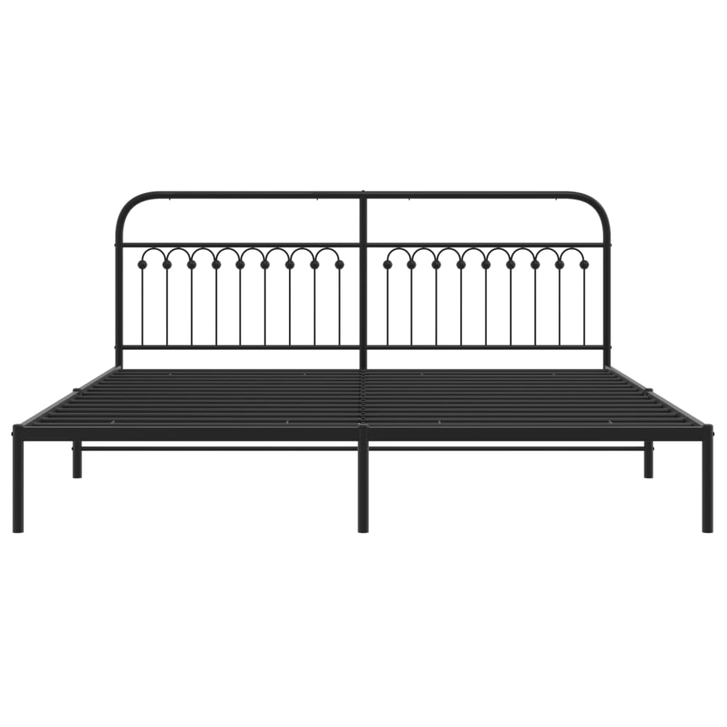 Modern black metal bed frame with decorative headboard